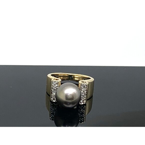 Black Pearl 9.5mm Diamond Cocktail Ring 14k Yellow Gold Estate Women's Size 4.75 - Picture 10 of 10